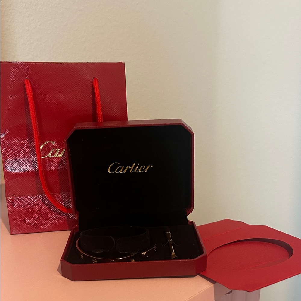 Cartier Style Bracelet with Red Jewelry Box & Cover and Matching Bag